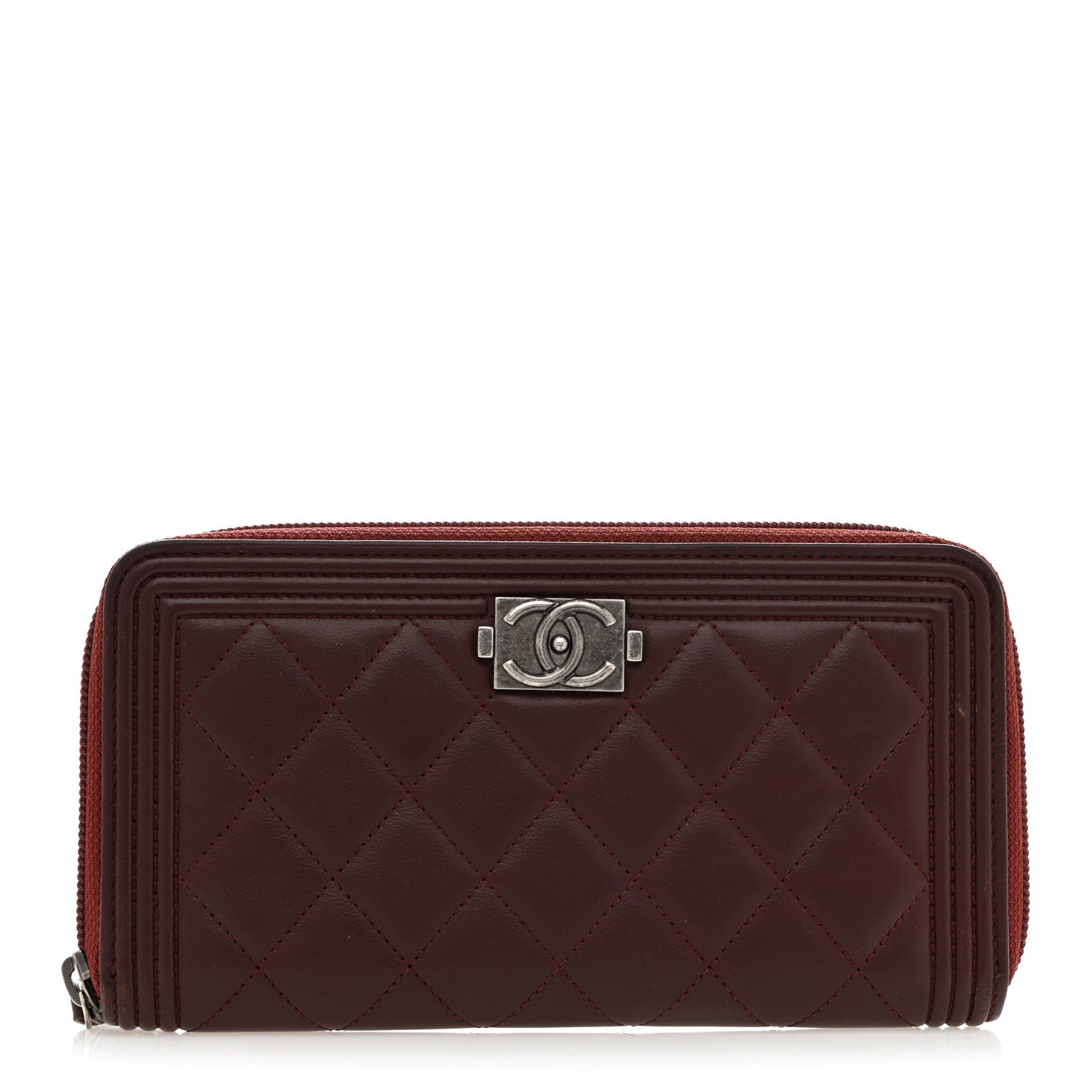 Lambskin Quilted Boy Zip Around Wallet Burgundy