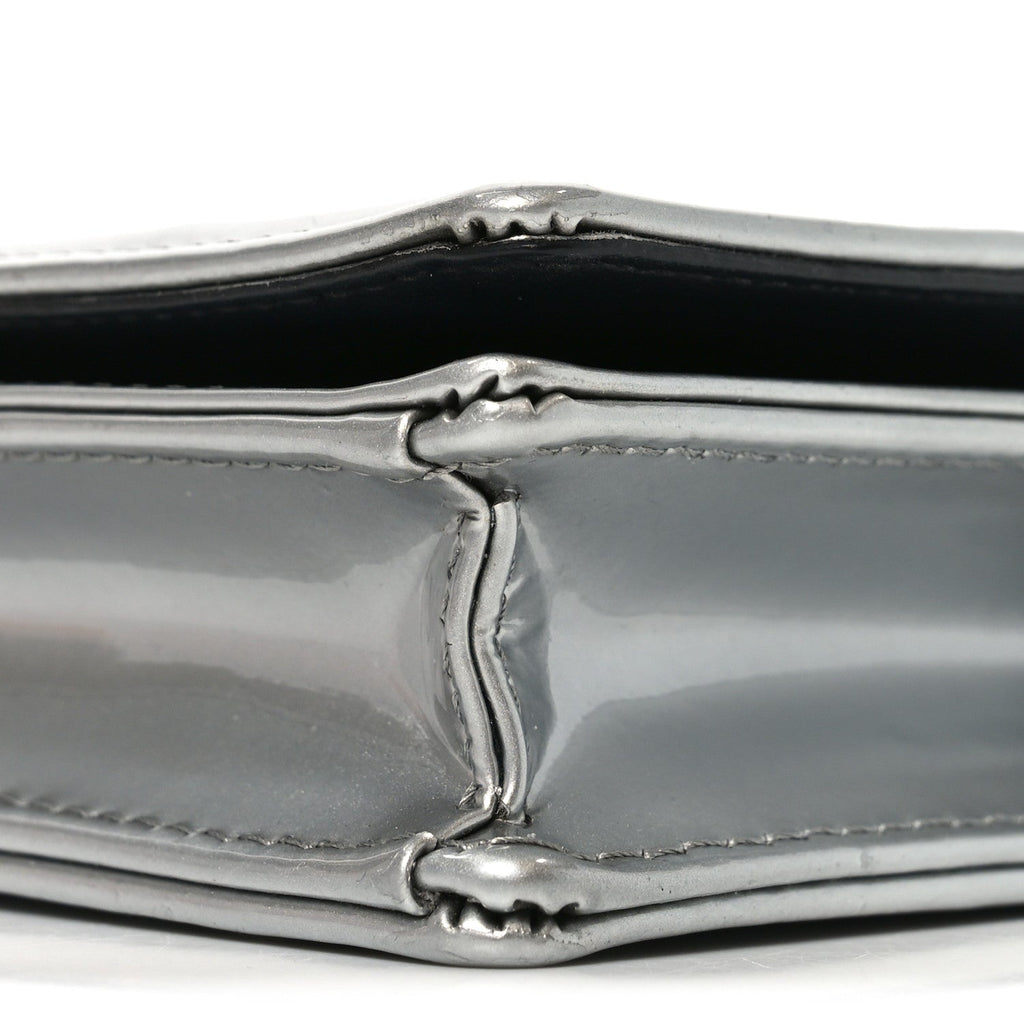 Christian Dior Metallic Patent Micro-Cannage Diorama Wallet on Chain Pouch Silver