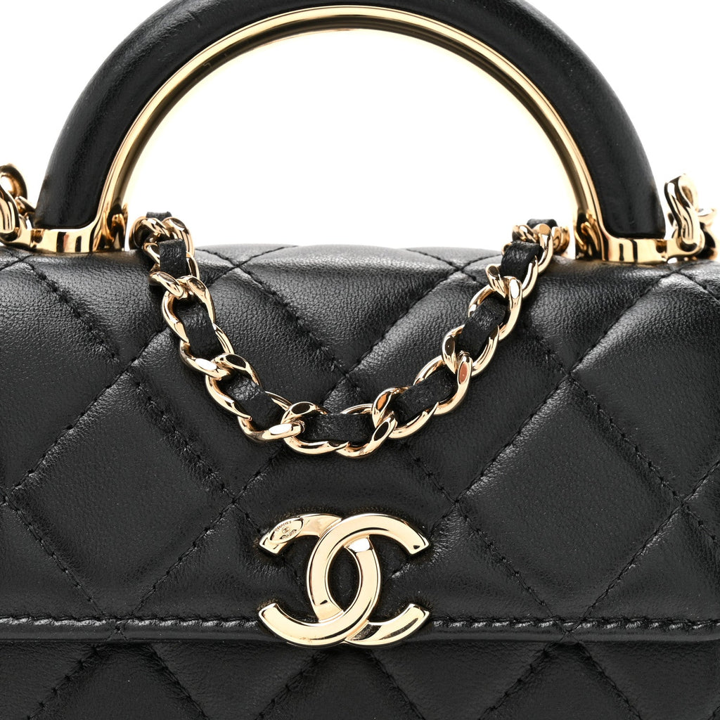 Chanel Lambskin Quilted Top Handle Flap Clutch With Chain Black