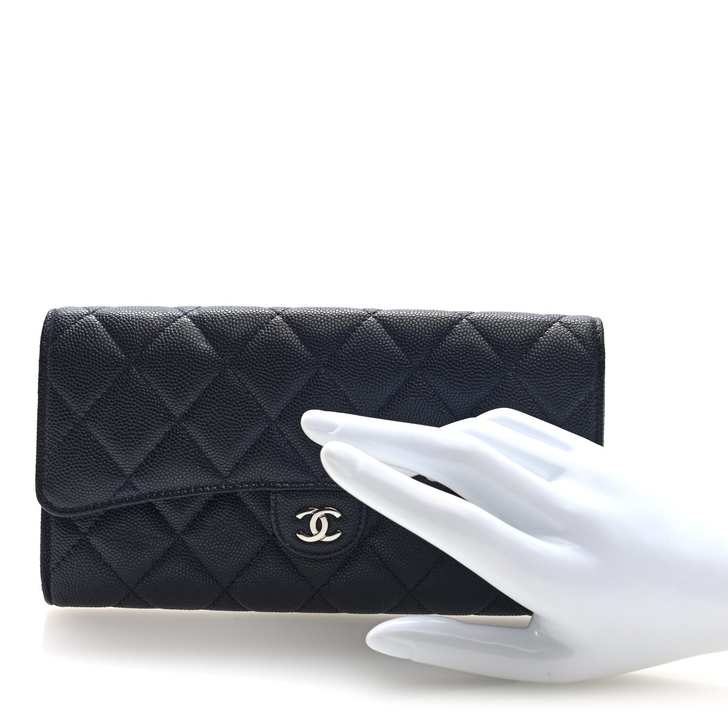 Caviar Quilted Large Gusset Flap Wallet Navy