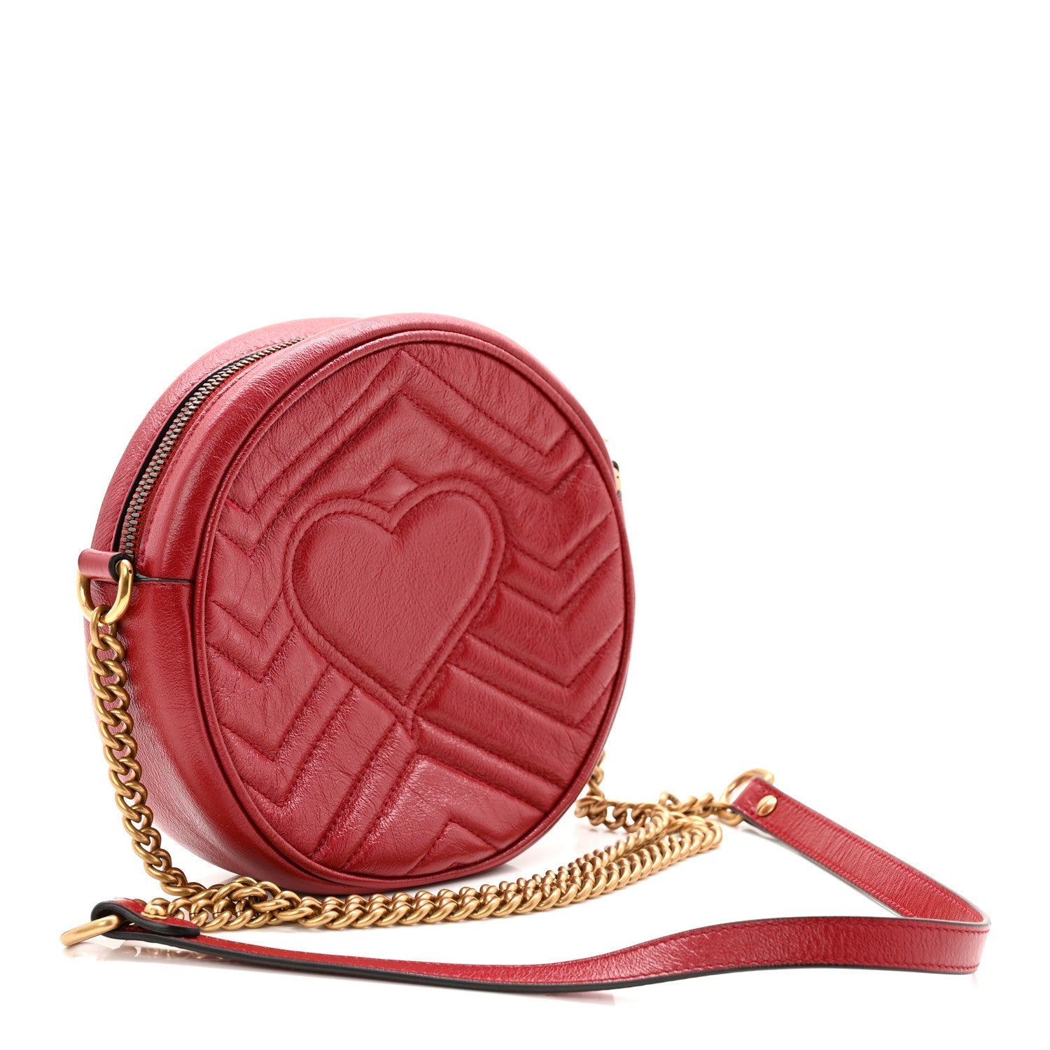 Gucci Glazed Calfskin Matelasse Heart Mini GG Marmont Round Shoulder Bag Romantic Cerise