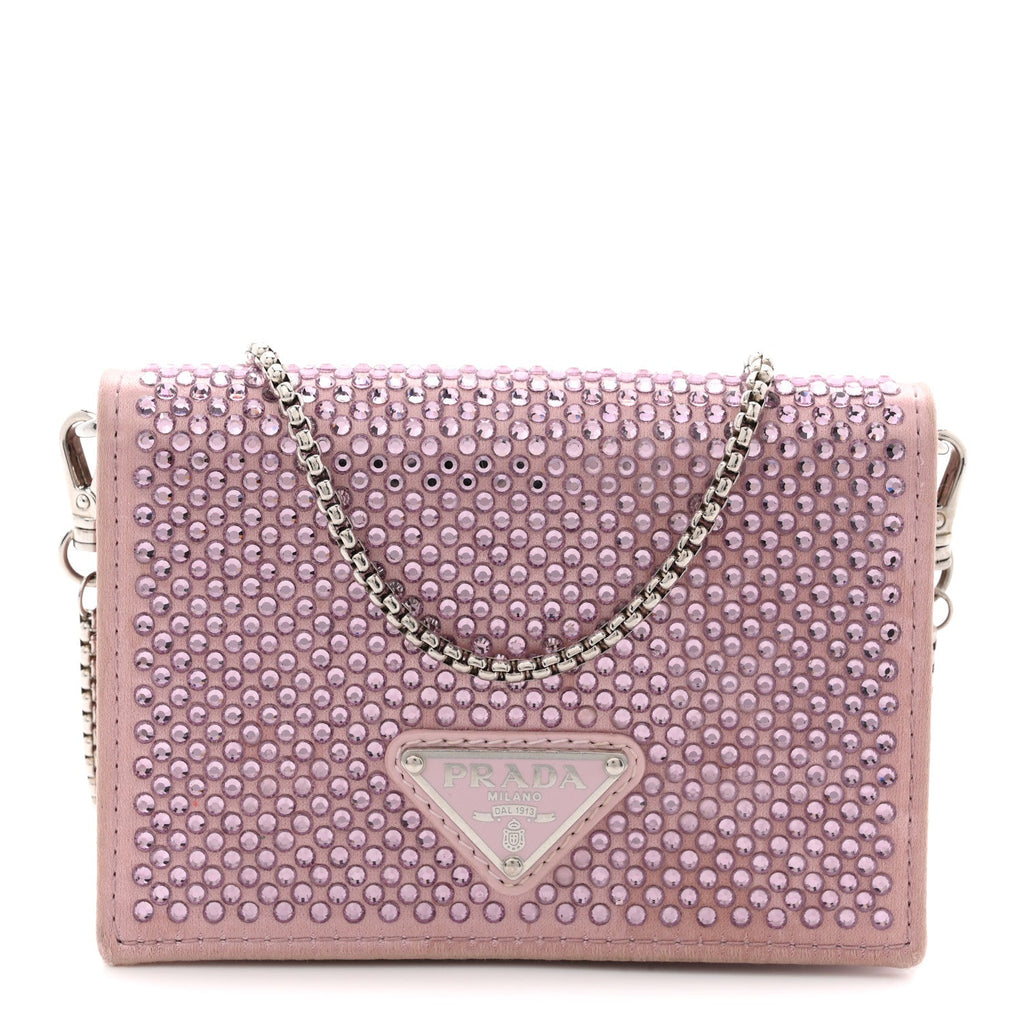 Prada Satin Crystal Metal Triangle Logo Card Holder With Strap Alabastro
