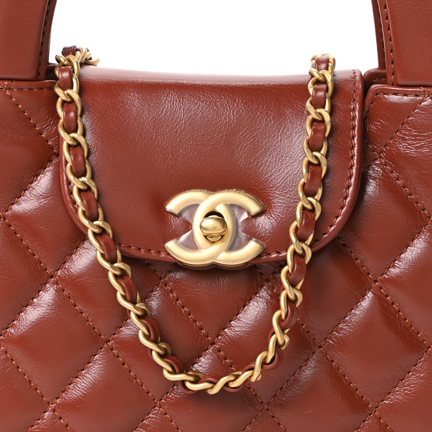 Chanel Shiny Aged Calfskin Quilted Nano Kelly Shopper Brown