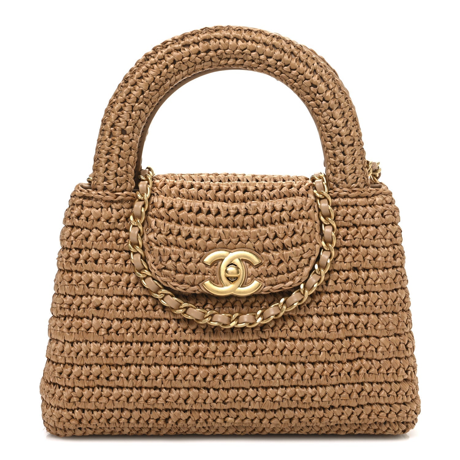 Chanel Braided Raffia Nano Kelly Flap Bag Dark Beige