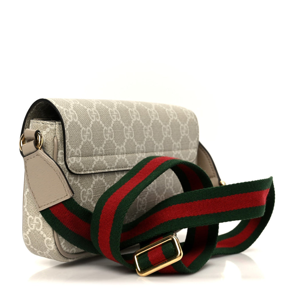 Gucci GG Supreme Monogram Textured Dollar Calfskin Web Mini Ophidia Envelope Shoulder Bag Beige Mystic White Oatmeal