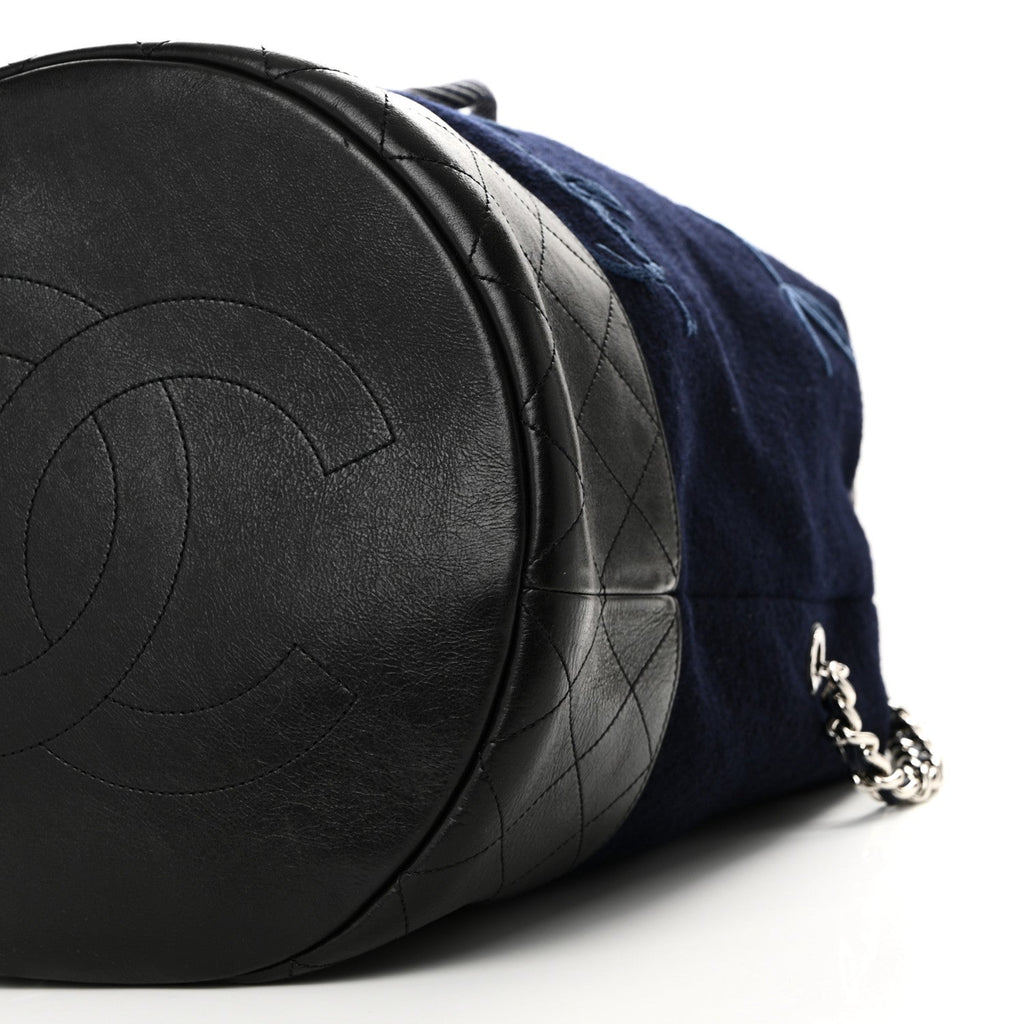 Chanel Wool Calfskin Embroidered Paris Hamburg Drawstring Backpack Navy Blue