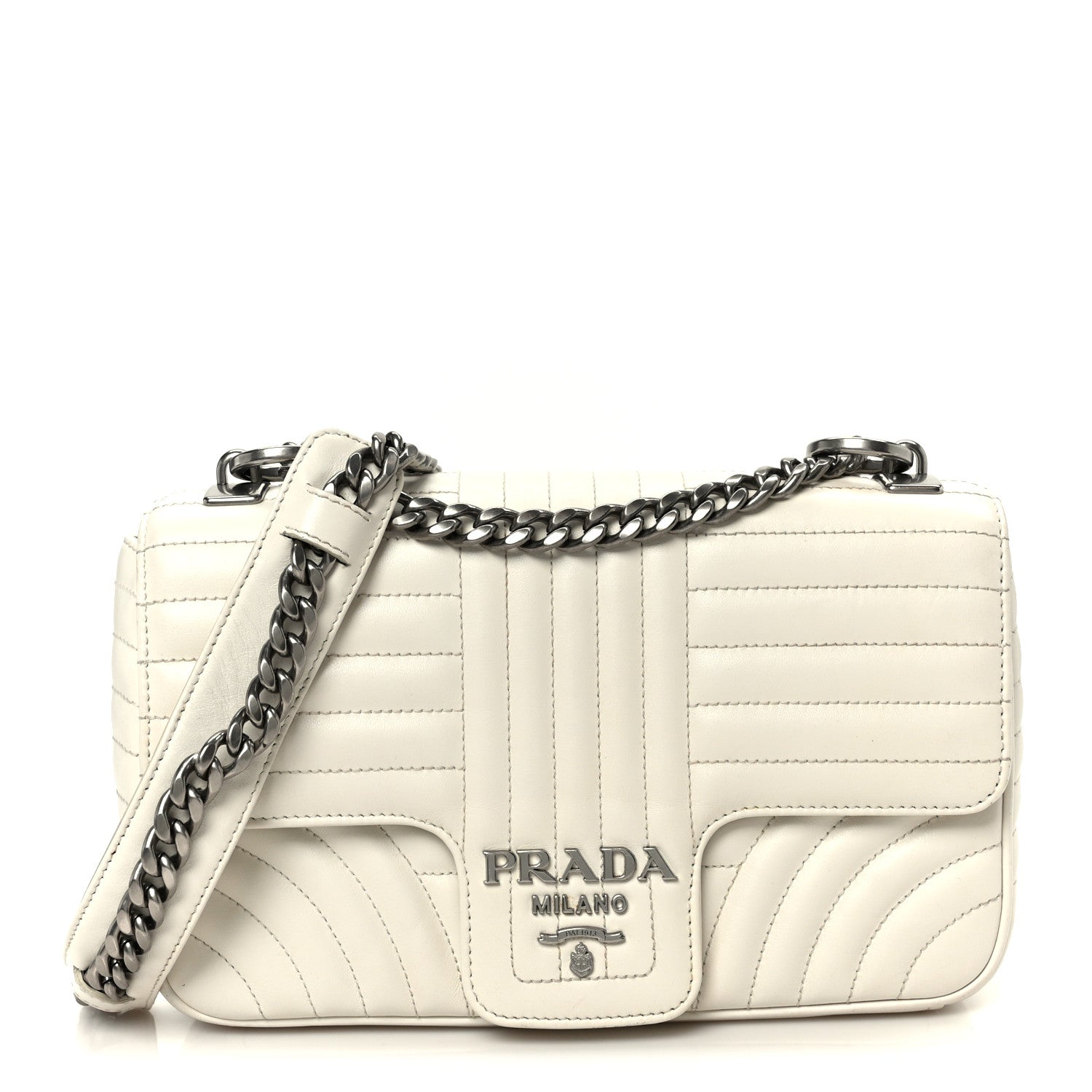 Prada Soft Calfskin Impunture Diagramme Medium Chain Flap Shoulder Bag White