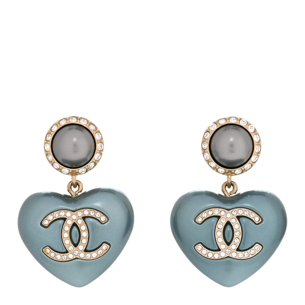 Pearl Crystal CC Heart Drop Earrings Blue