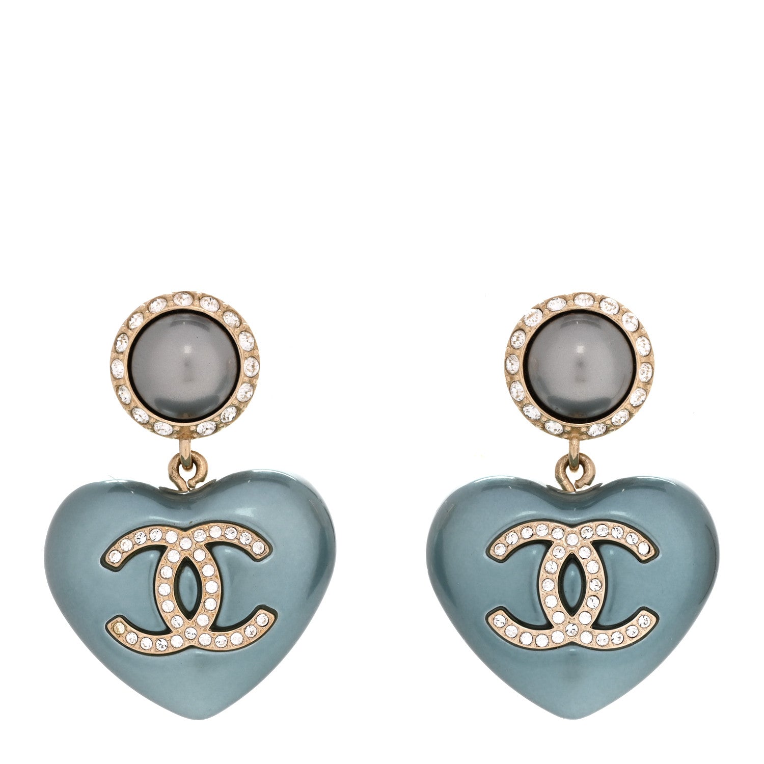 Pearl Crystal CC Heart Drop Earrings Blue
