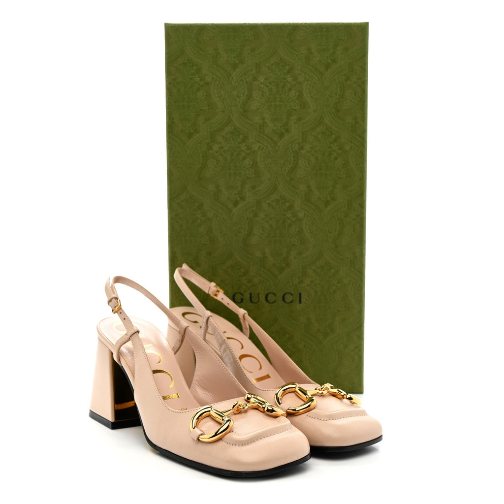 Gucci Malaga Kid Horsebit 75mm Slingback Pumps 35.5 Skin Rose