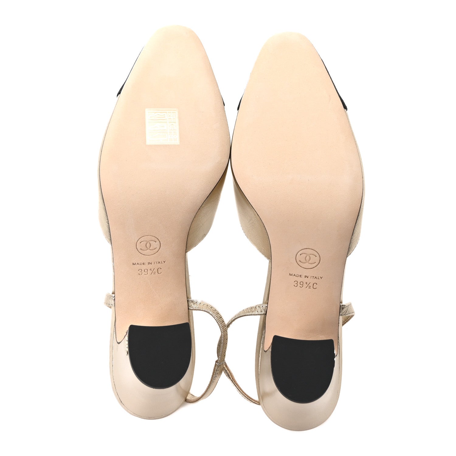 Laminated Crumpled Lambskin Grosgrain Cap Toe CC Slingback Pumps 39.5 Gold Black