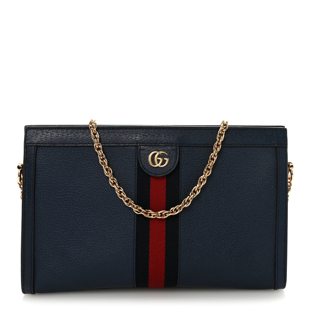 Gucci Textured Calfskin Web Medium Ophidia Chain Shoulder Bag Blue Agata