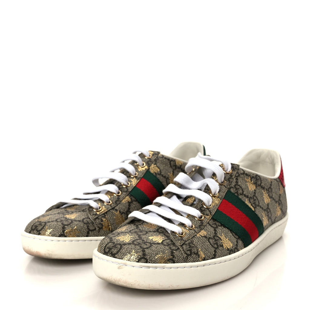Gucci GG Supreme Monogram Bees Ayers Web Womens Ace Sneakers 37 Beige Oro Green Red