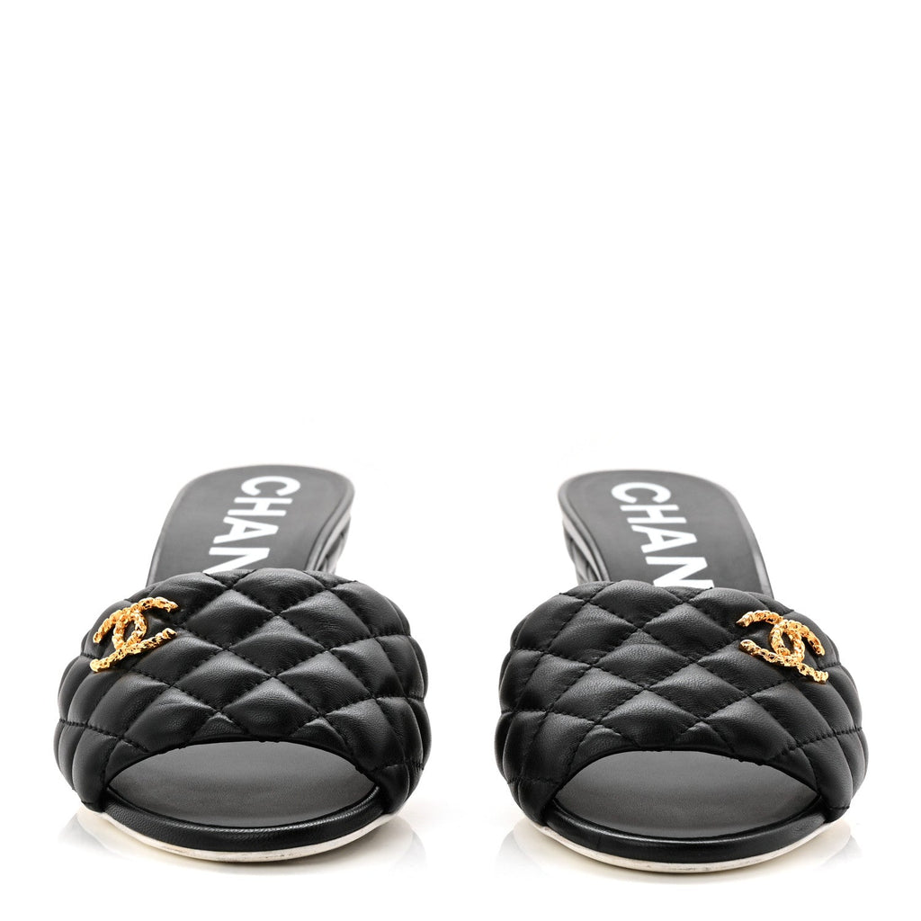 Lambskin Quilted Textured CC Mules 37.5 Black