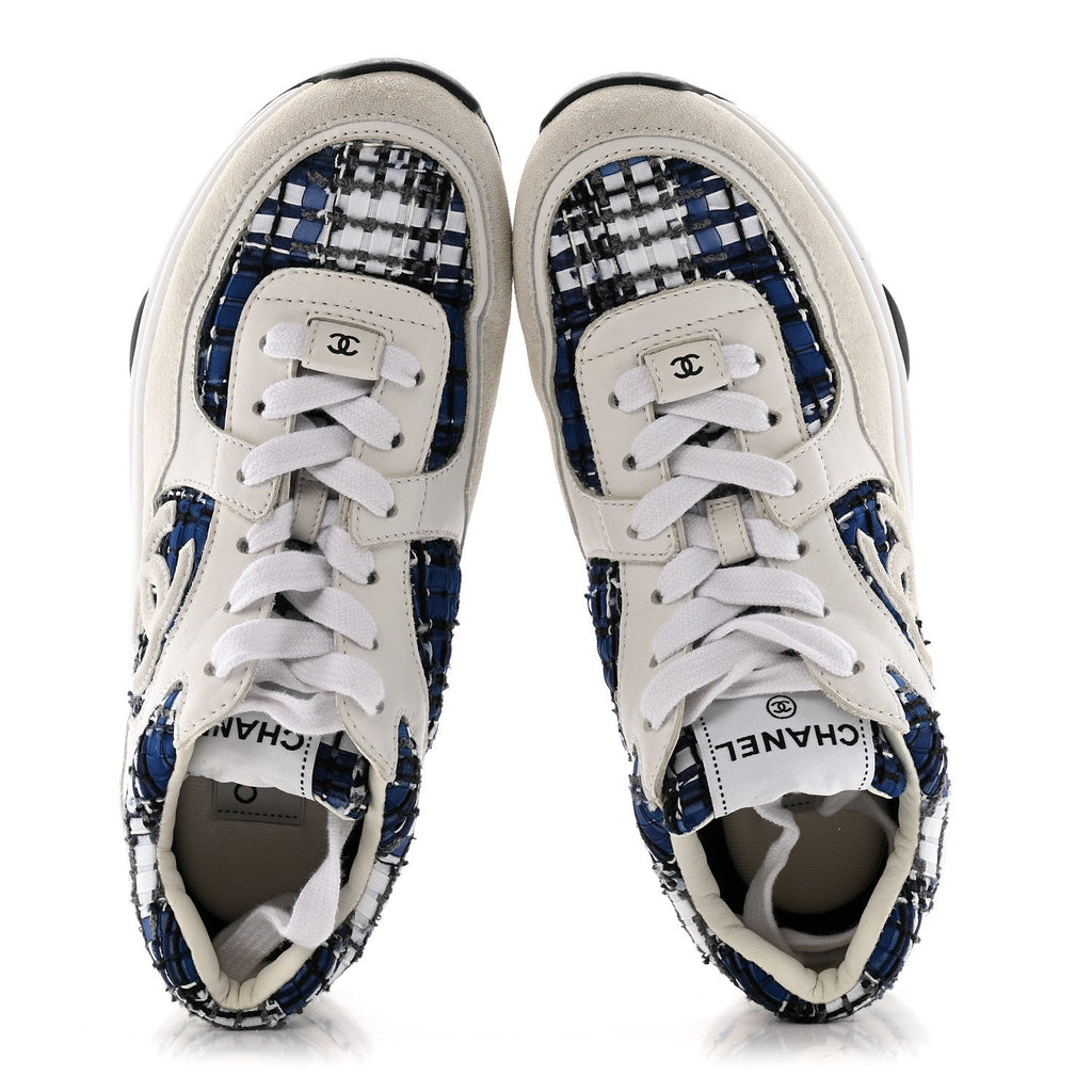 Chanel Tweed Suede Calfskin Womens CC Sneakers 38 Dark Blue Black Grey White