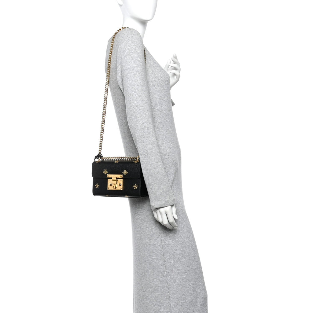 Gucci Grained Calfskin Bee Star Small Padlock Shoulder Bag Black