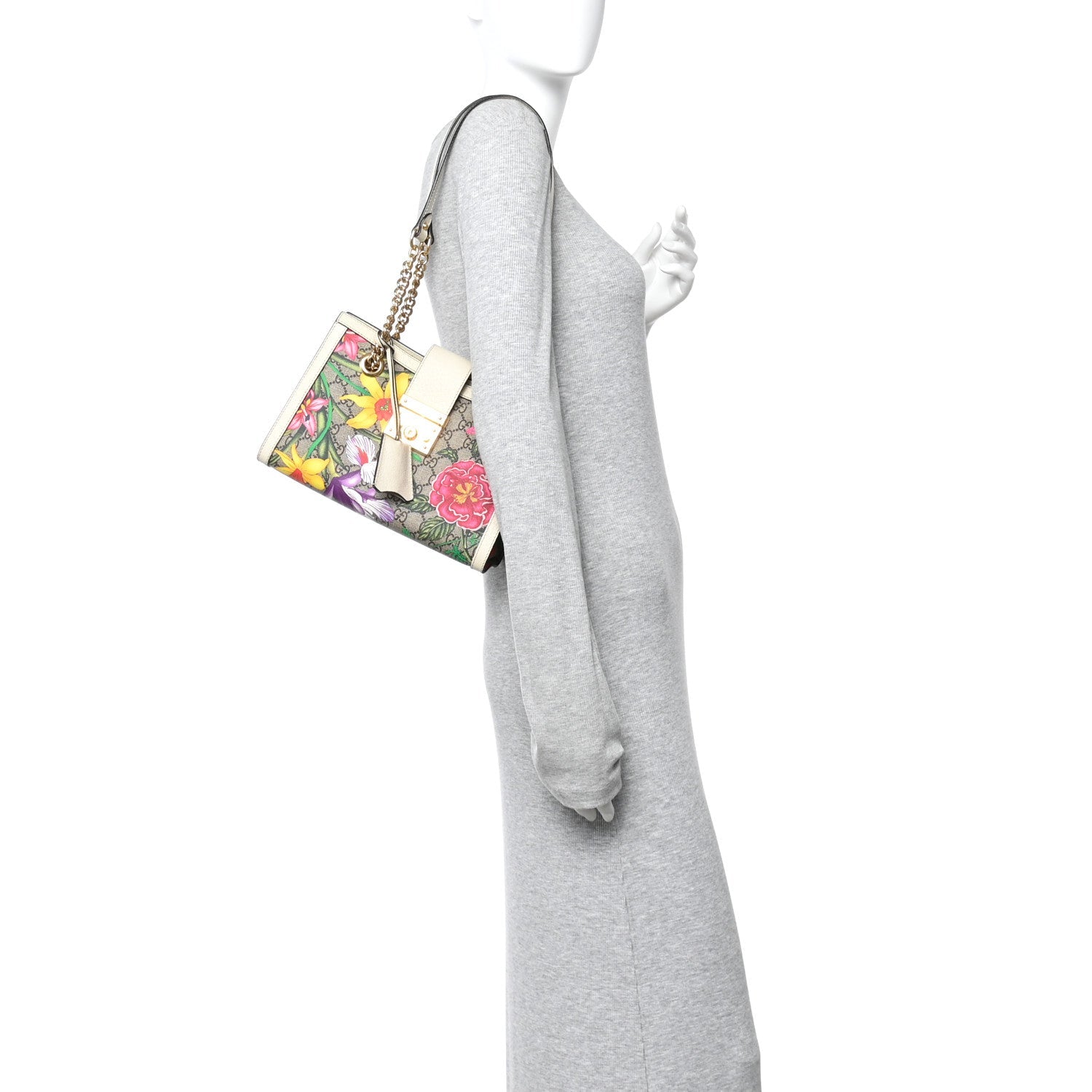 Gucci GG Supreme Monogram Flora Textured Calfskin Small Padlock Tote Beige Ebony Multicolor Mystic White