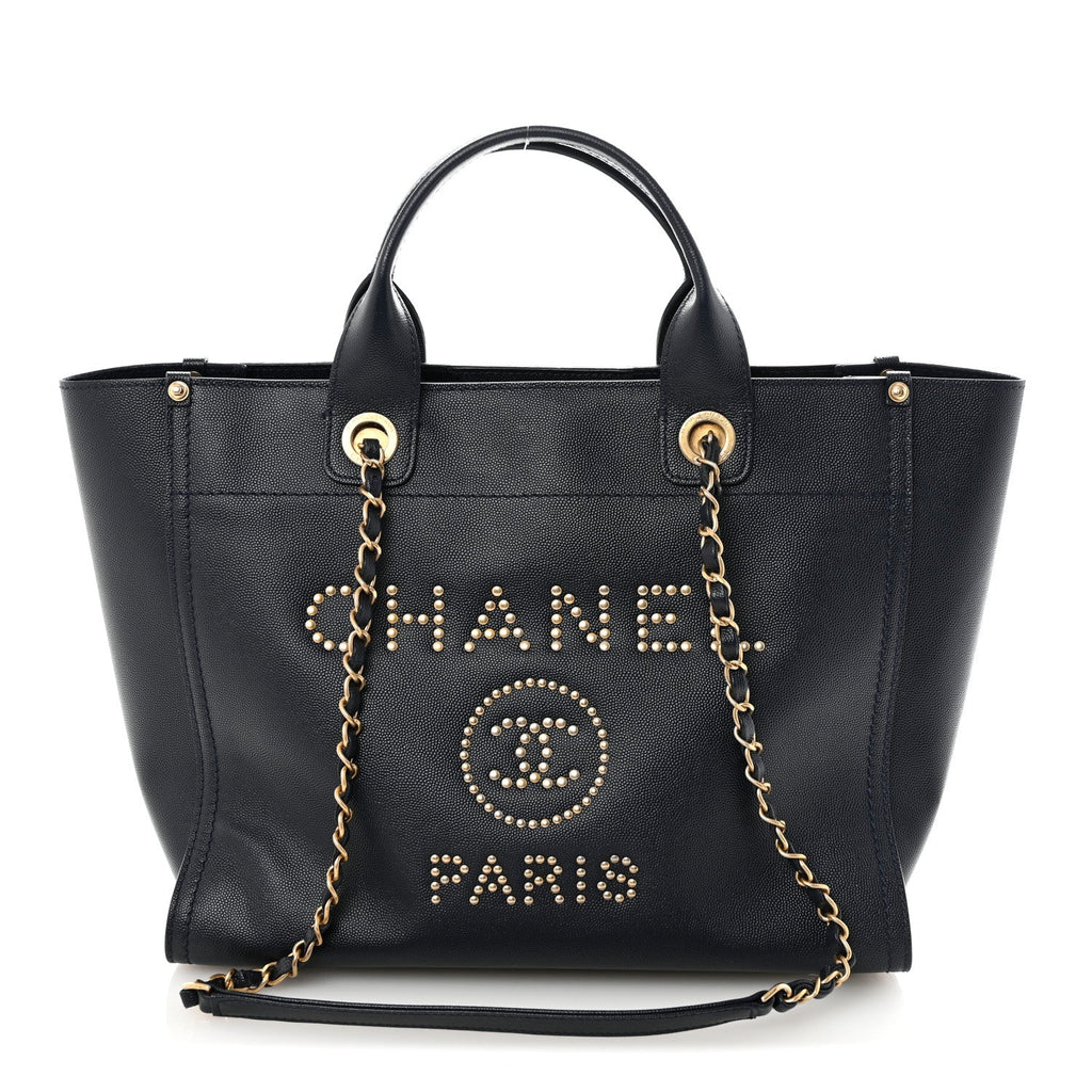 Chanel Caviar Small Studded Deauville Tote Navy
