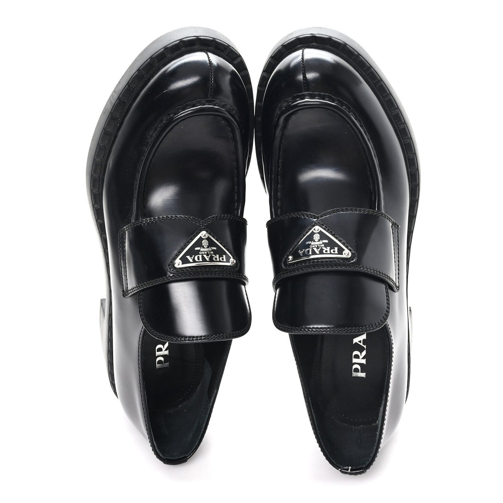 Prada Spazzolato Metal Triangle Logo 50mm Loafers 39 Black