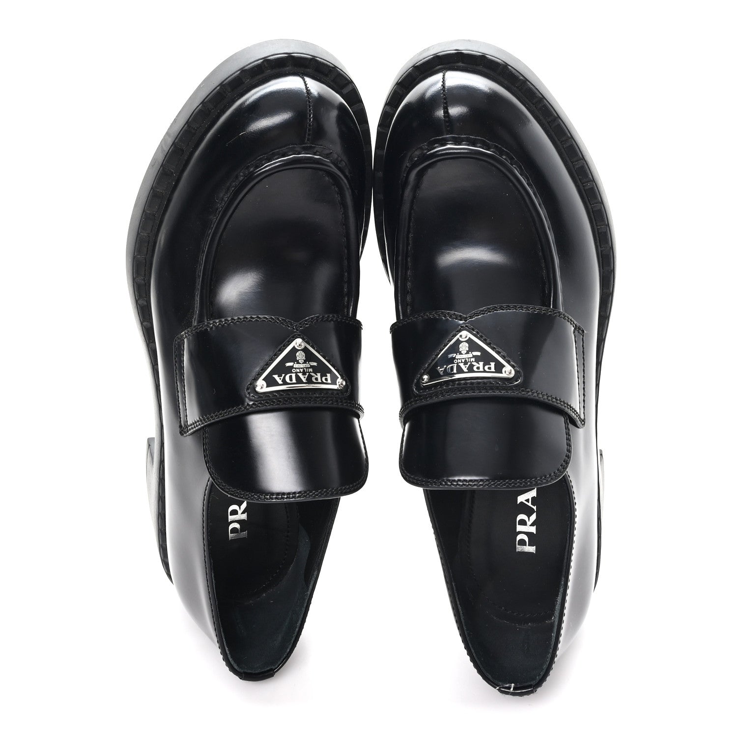 Prada Spazzolato Metal Triangle Logo 50mm Loafers 39 Black