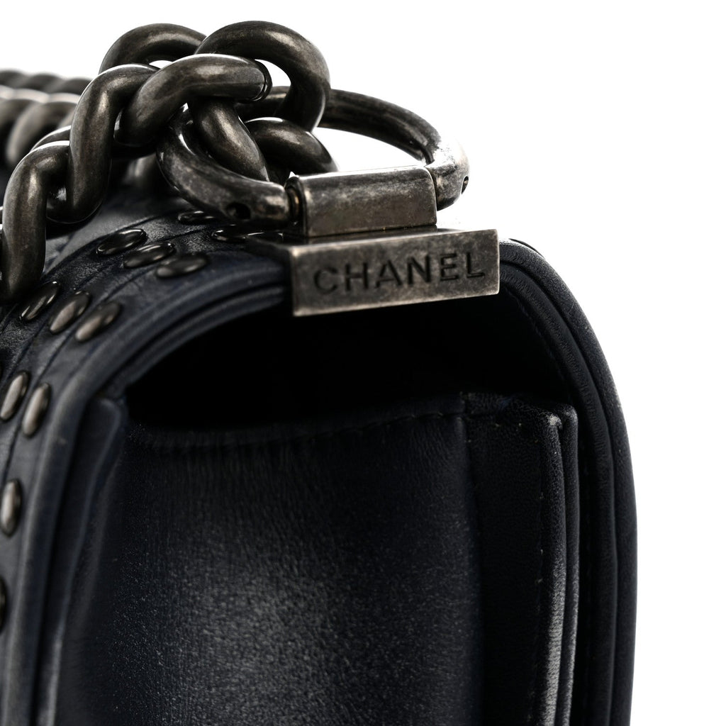 Chanel Faded Calfskin Quilted Small Studded Boy Flap Navy