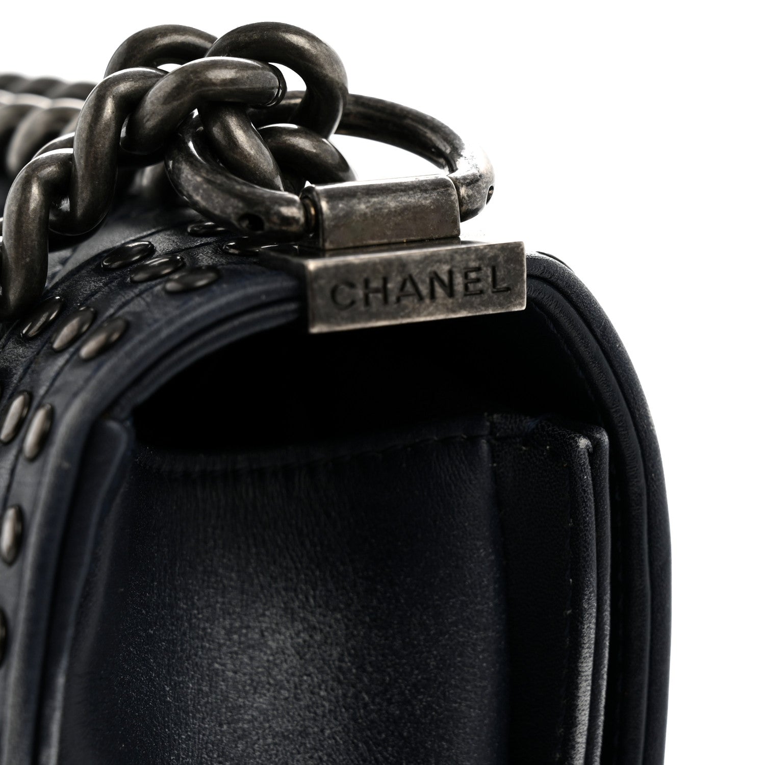 Chanel Faded Calfskin Quilted Small Studded Boy Flap Navy