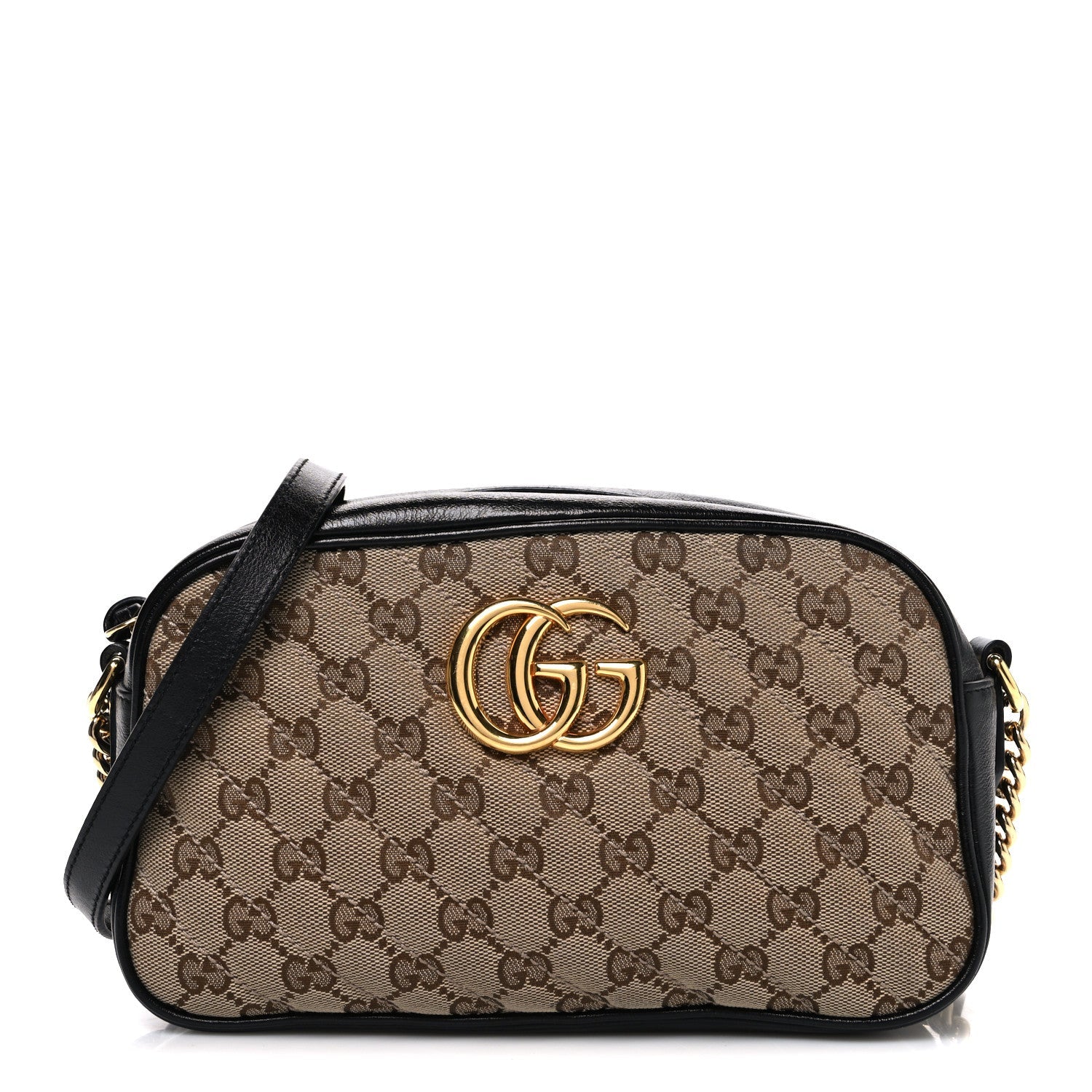 Gucci Monogram Matelasse Diagonal Small GG Marmont Chain Shoulder Bag Beige Black