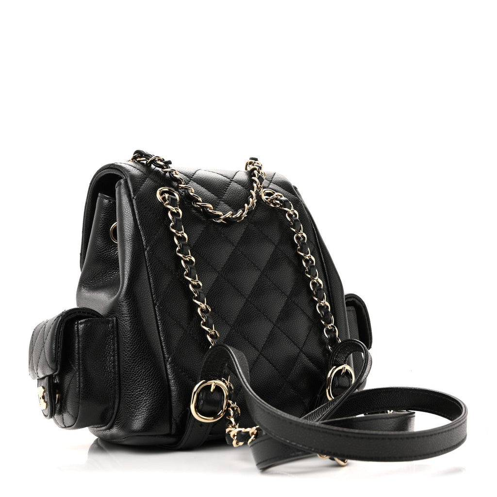 Chanel Shiny Caviar Quilted Small Duma Pockets Drawstring Backpack Black