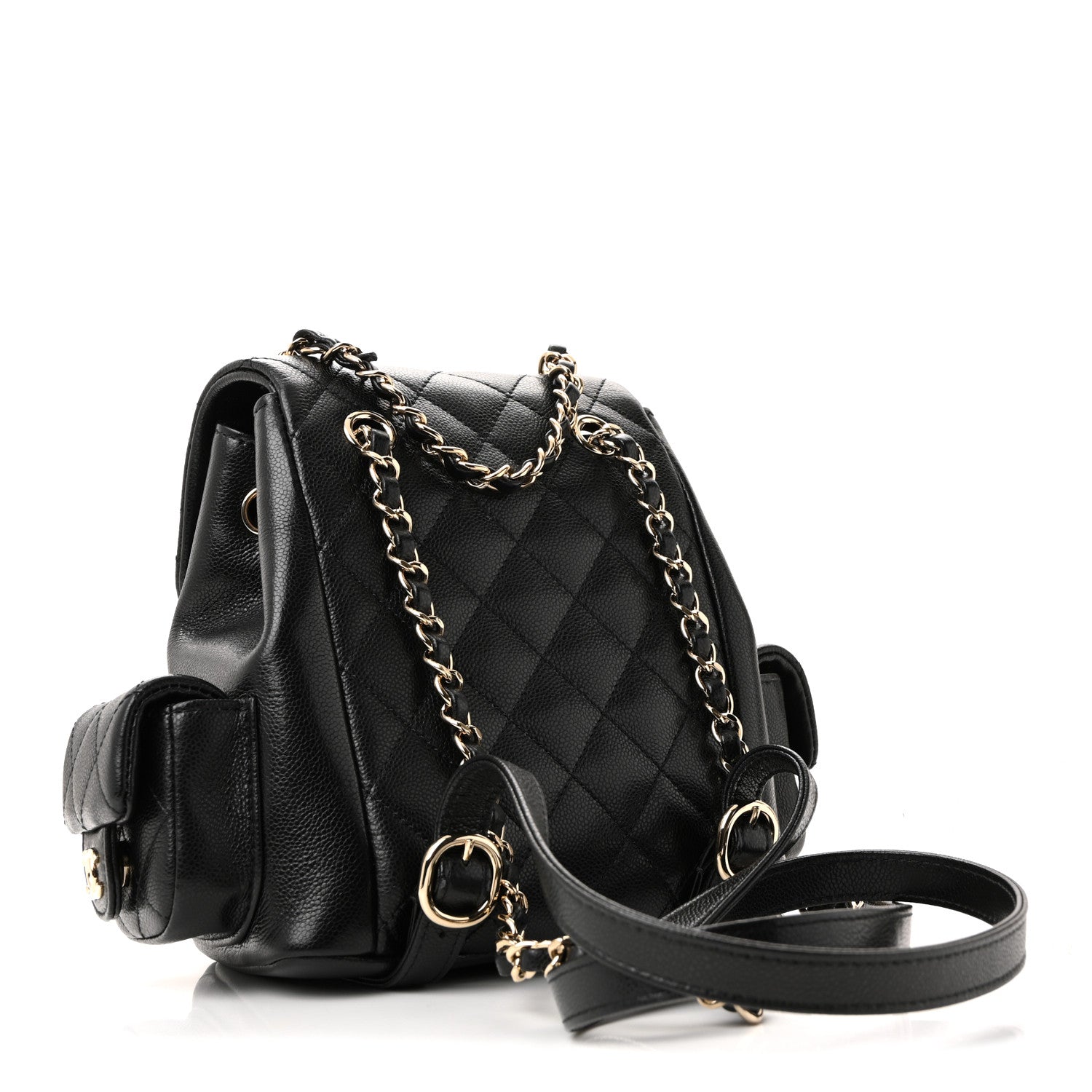 Chanel Shiny Caviar Quilted Small Duma Pockets Drawstring Backpack Black