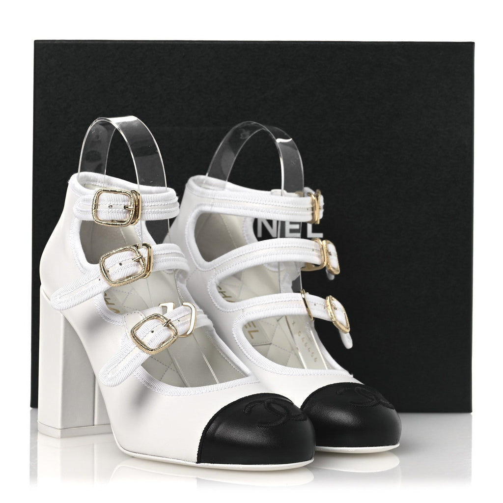 Lambskin Metal Mary Jane Pumps 37 White Black