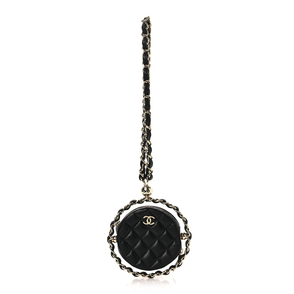 Chanel Lambskin Quilted Chain Round Mini Clutch Black