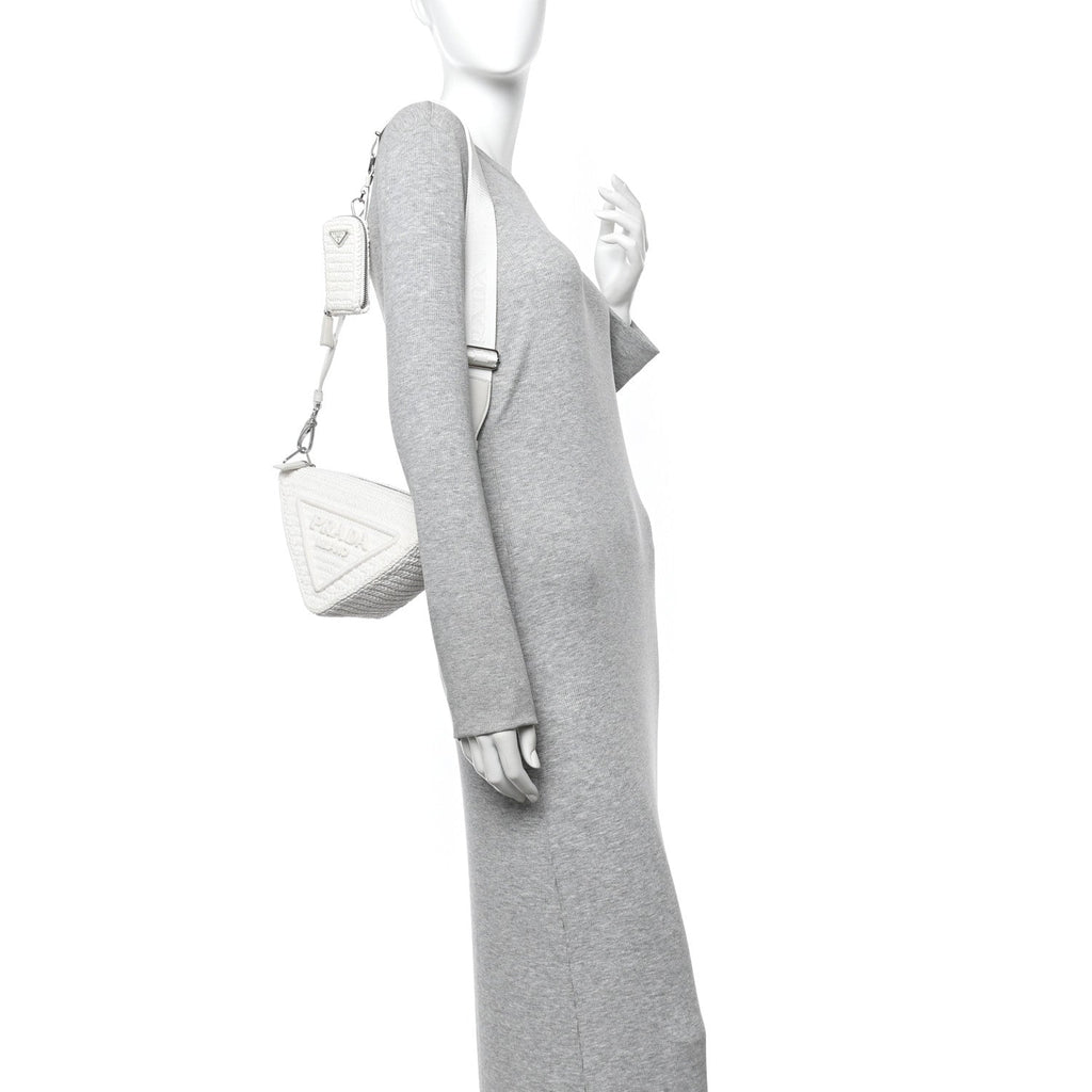 Prada Yarn Raffia Effect Crochet Triangle Shoulder Bag White
