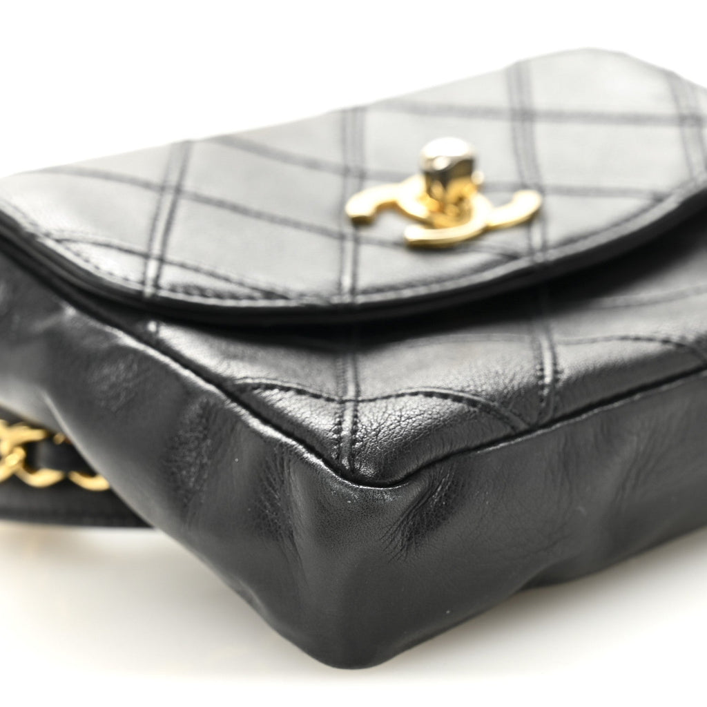 Lambskin Diamond Stitched Flap Waist Belt Bag 65 26 Black