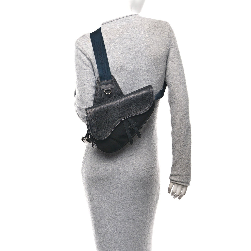 Christian Dior X Sacai Grained Calfskin Technical Fabric Mens Saddle Bag Black