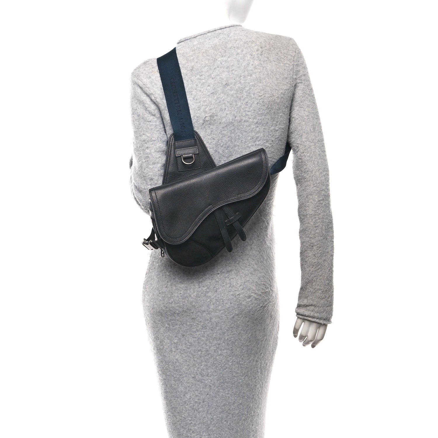 Christian Dior X Sacai Grained Calfskin Technical Fabric Mens Saddle Bag Black