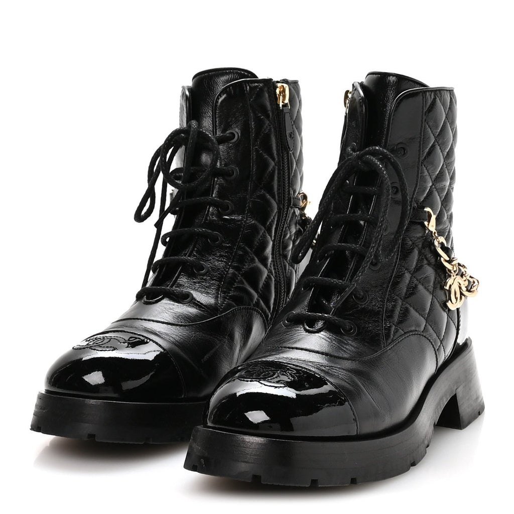 Chanel Shiny Calfskin Patent Quilted Chain Lace Up Combat Boots 40 Black