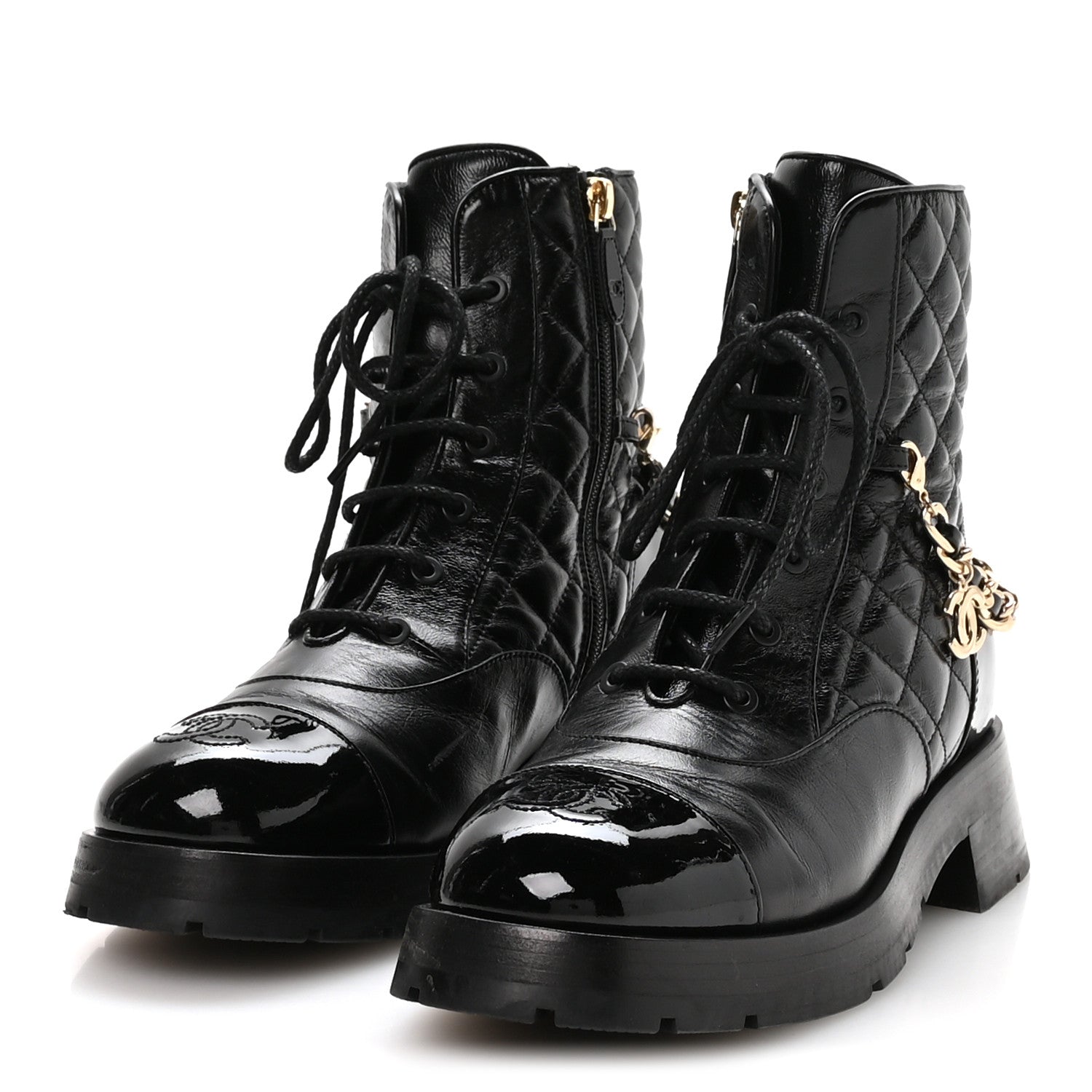 Chanel Shiny Calfskin Patent Quilted Chain Lace Up Combat Boots 40 Black