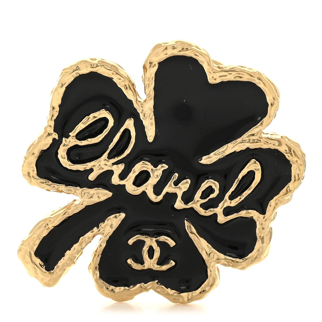 Resin Metal CC Clover Brooch Gold Black