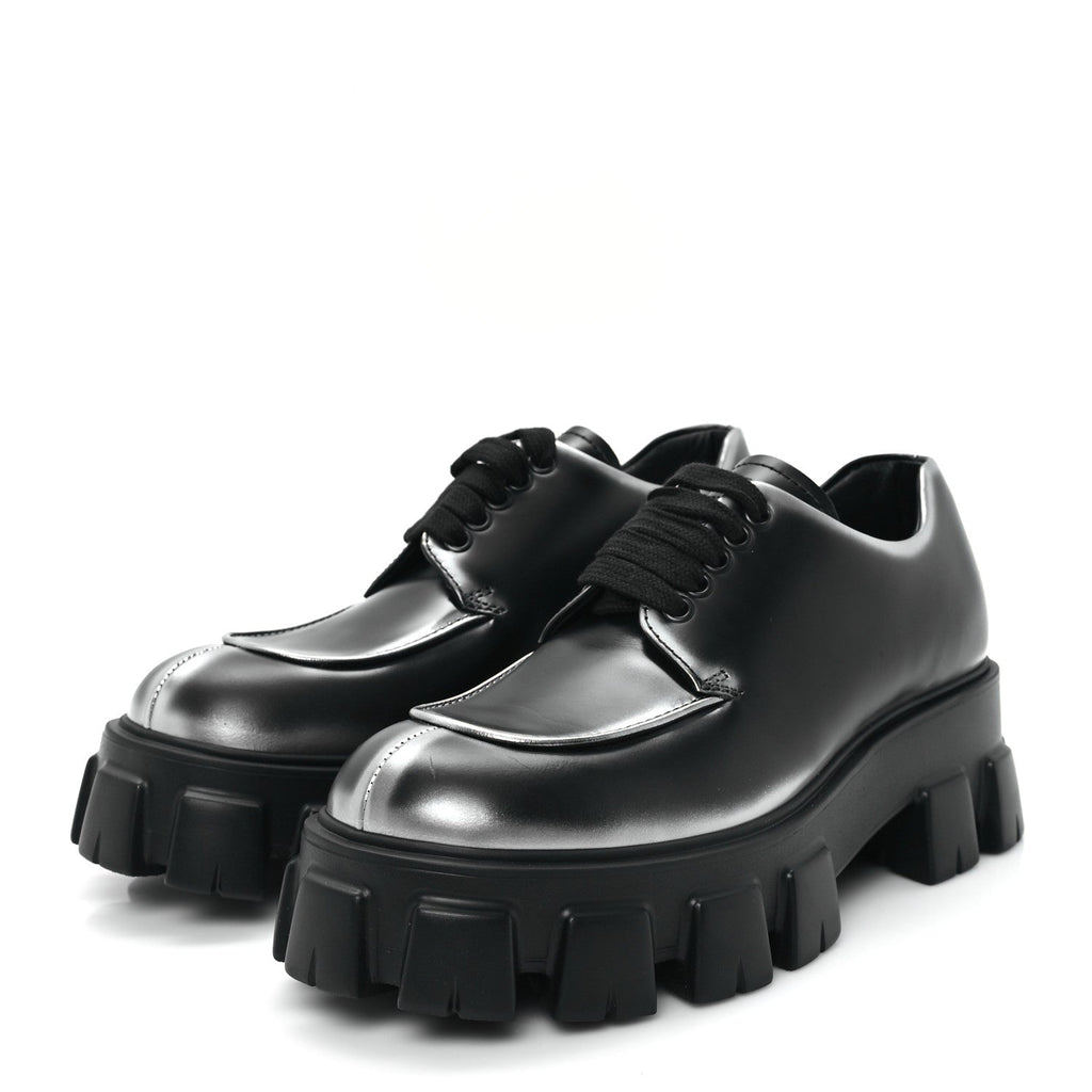 Prada Spazzolato Rois Sfumato Monolith 55mm Derby Loafers 5.5 Black Argento