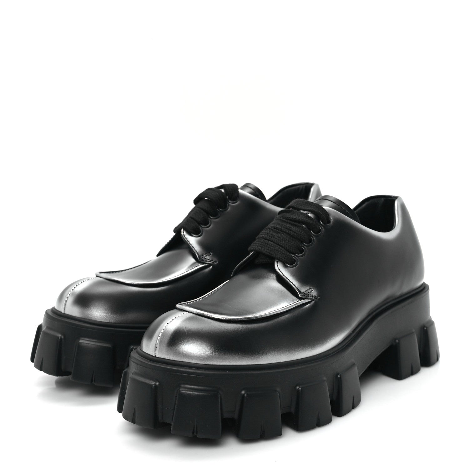 Prada Spazzolato Rois Sfumato Monolith 55mm Derby Loafers 5.5 Black Argento