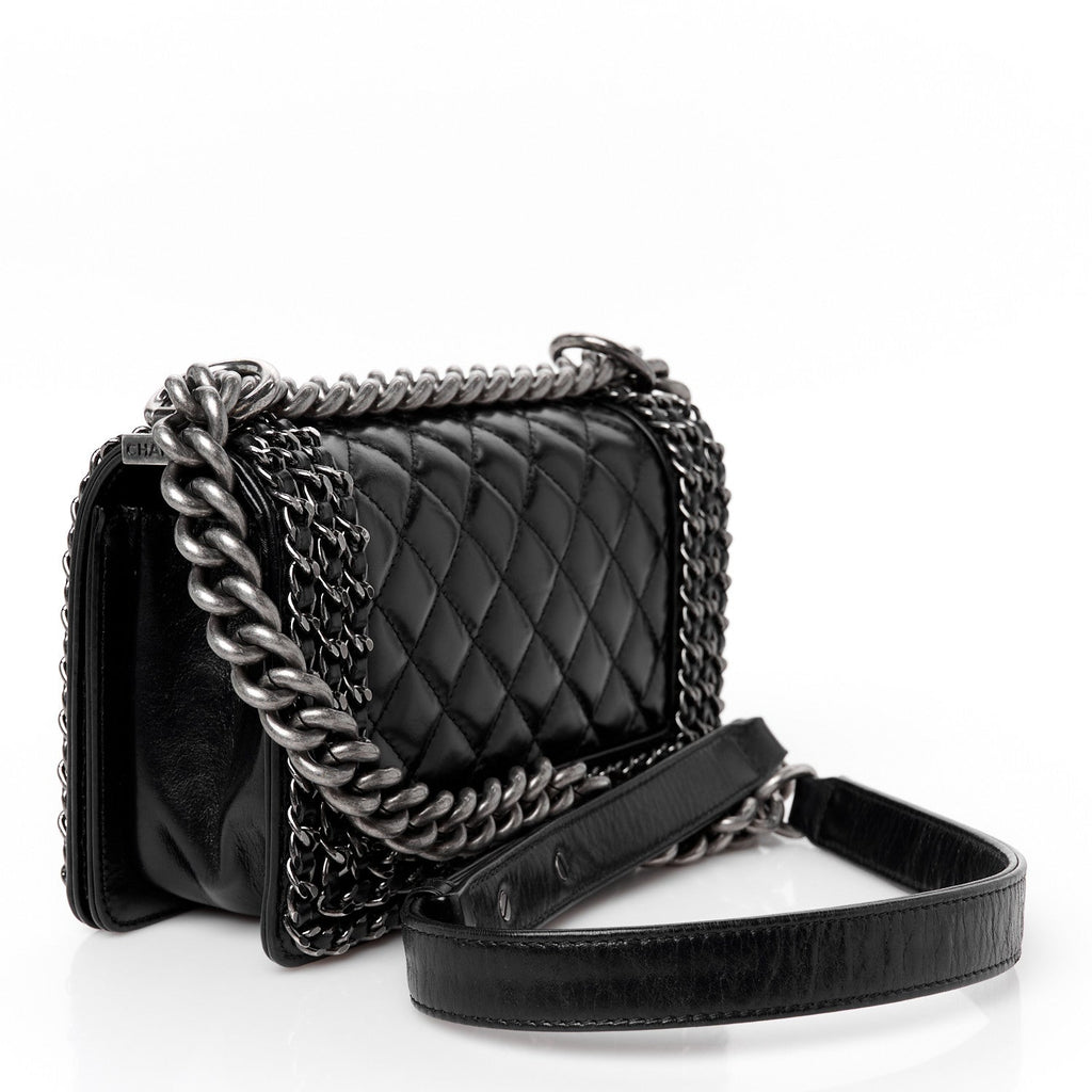 Chanel Glazed Calfskin Quilted Small Boy Chained Flap Black