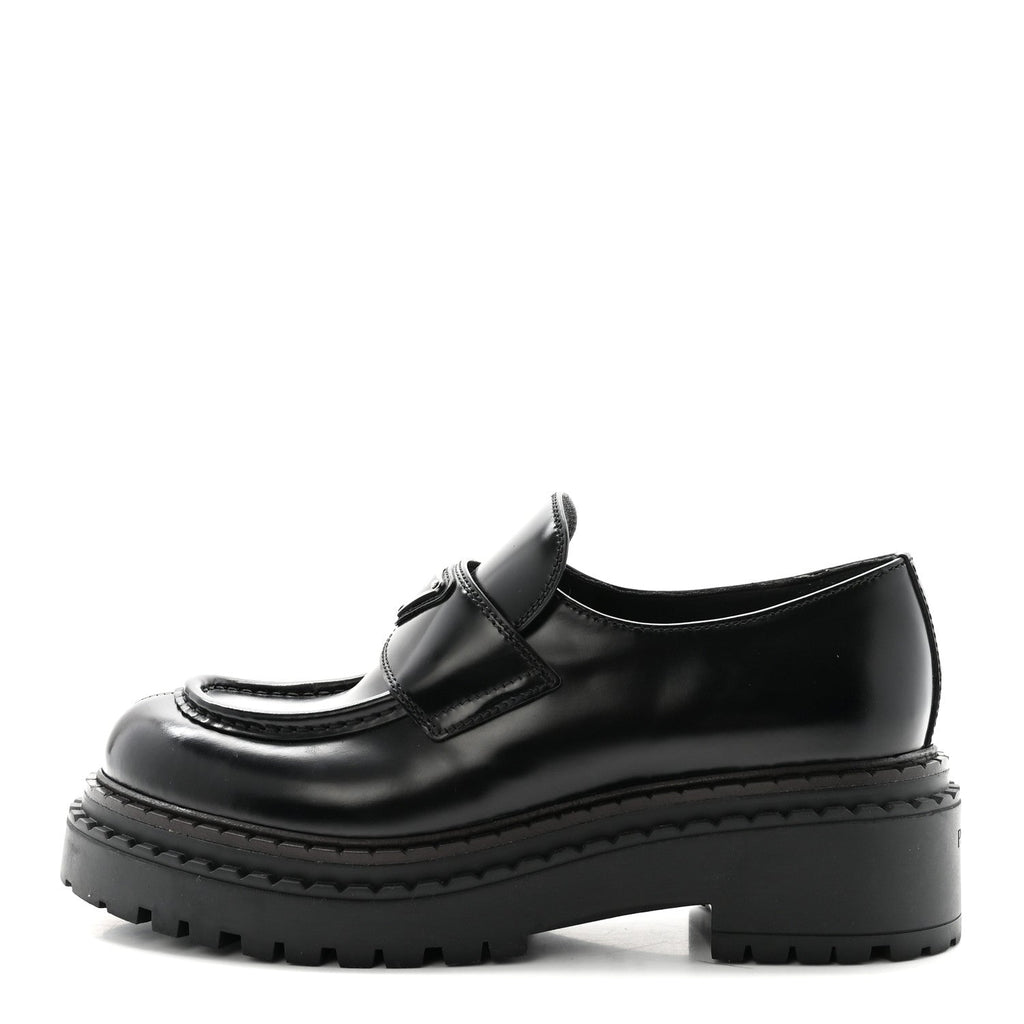 Prada Metal Triangle Logo Double Chocolate Loafers 38 Black