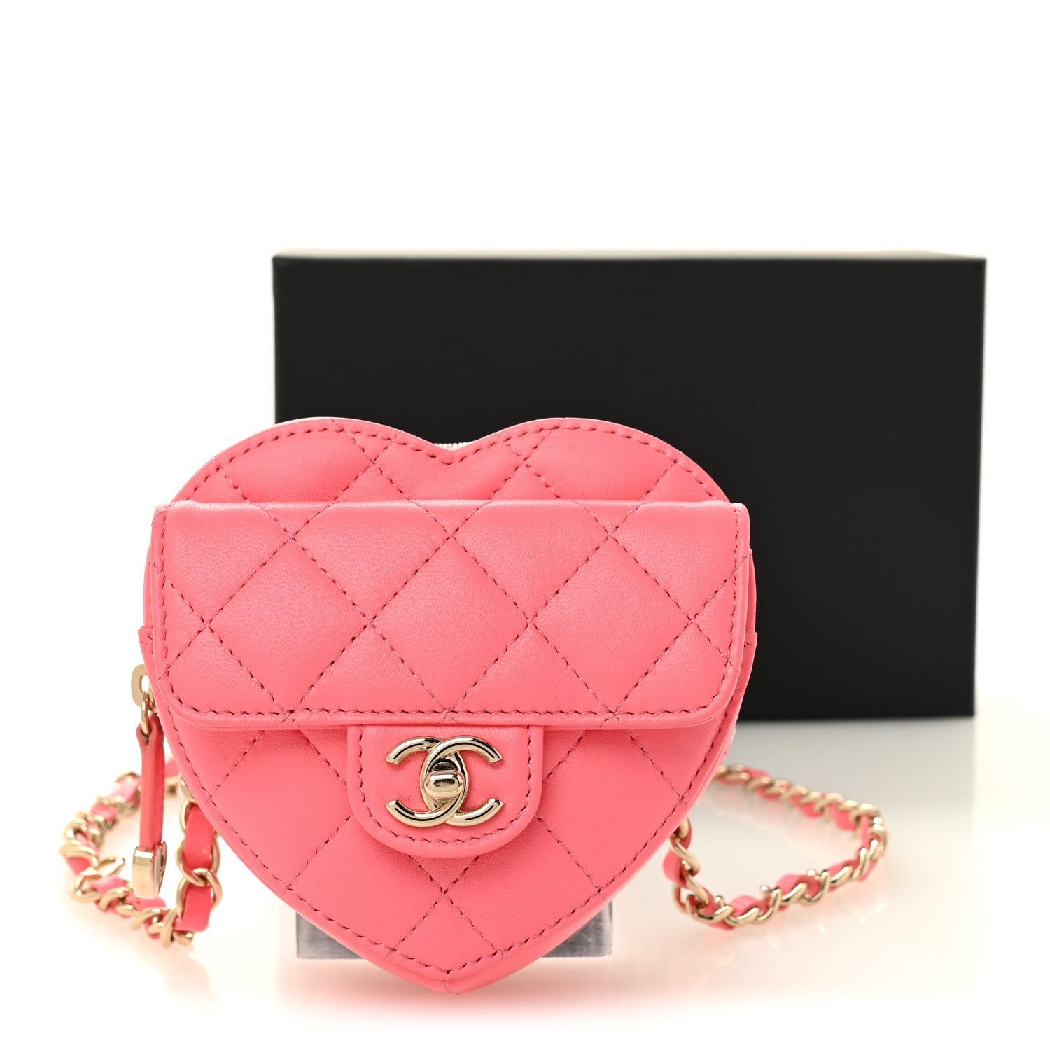 Chanel Lambskin Quilted CC In Love Heart Waist Belt Bag With Chain Pink