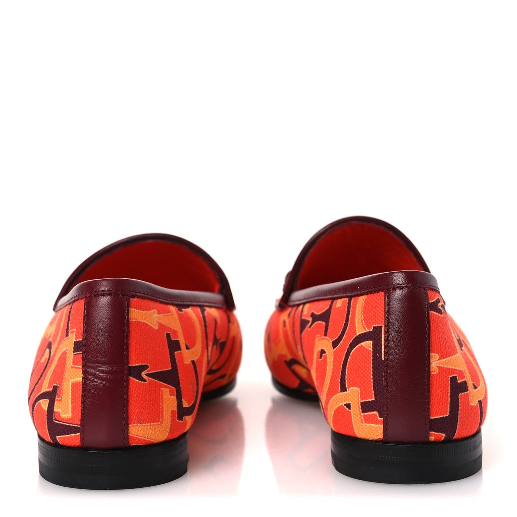 Gucci Betis Glamour Canvas Horsebit Print Womens Jordaan Loafers 39.5 Orange Red Rosso Ancora