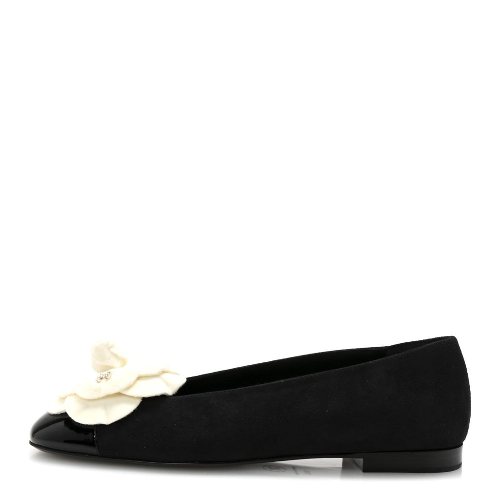 Chanel Suede Patent Cap Toe Camellia Ballerina Flats 39.5 Black White