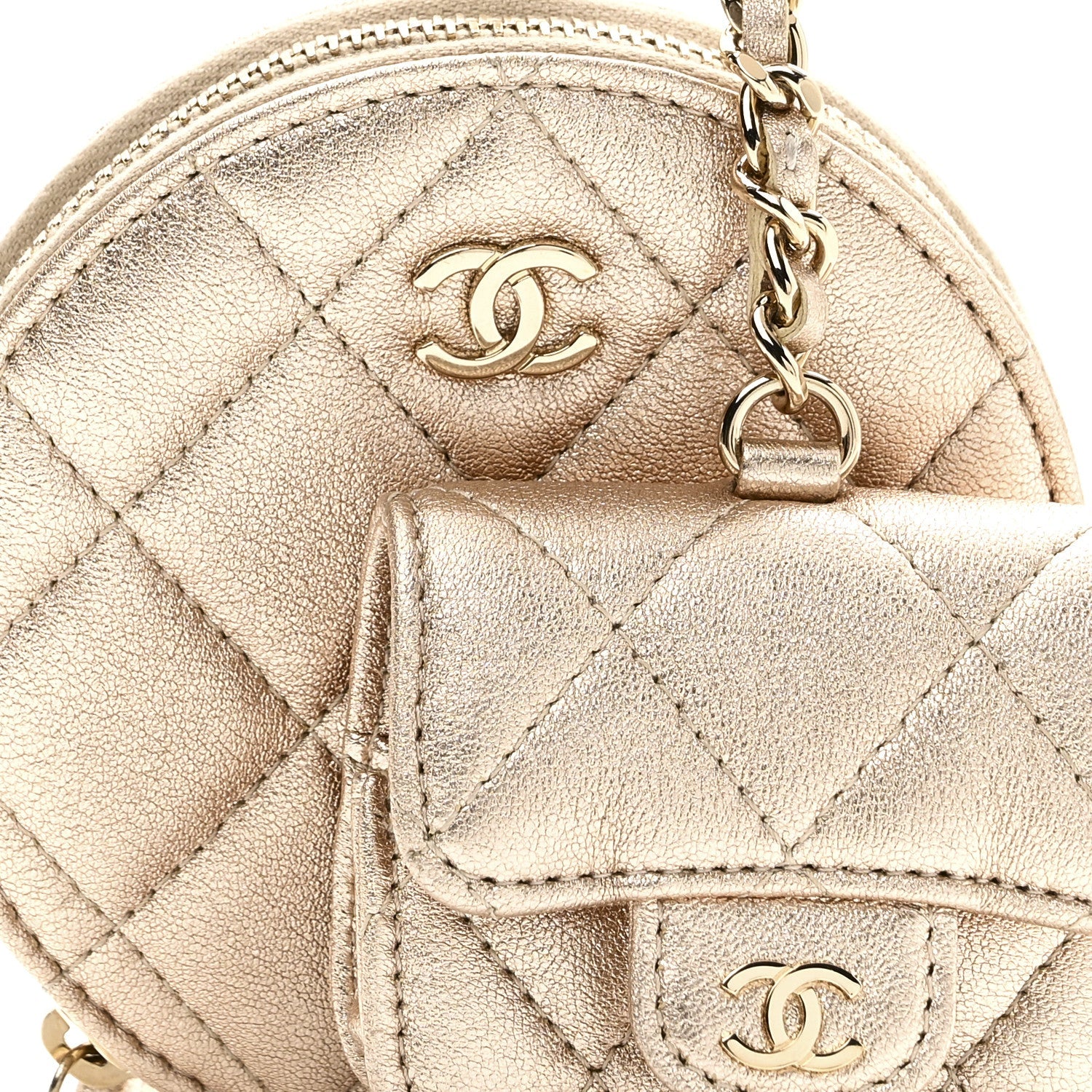 Metallic Lambskin Quilted Round Clip On Coin Purse Airpods Case Gold