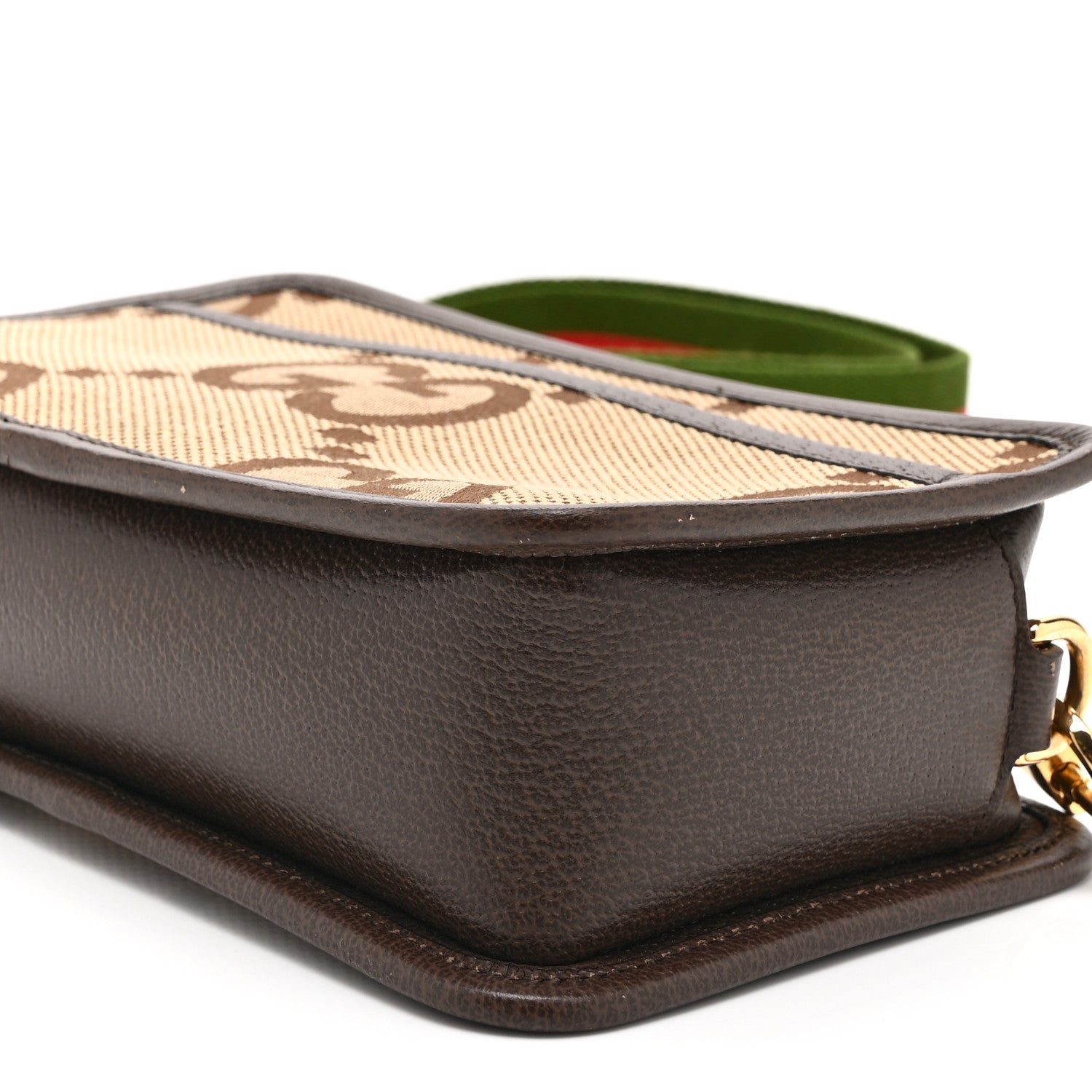 Gucci Monogram Jumbo GG Textured Dollar Calfskin Web Mini Crossbody Bag Camel Ebony New Acero