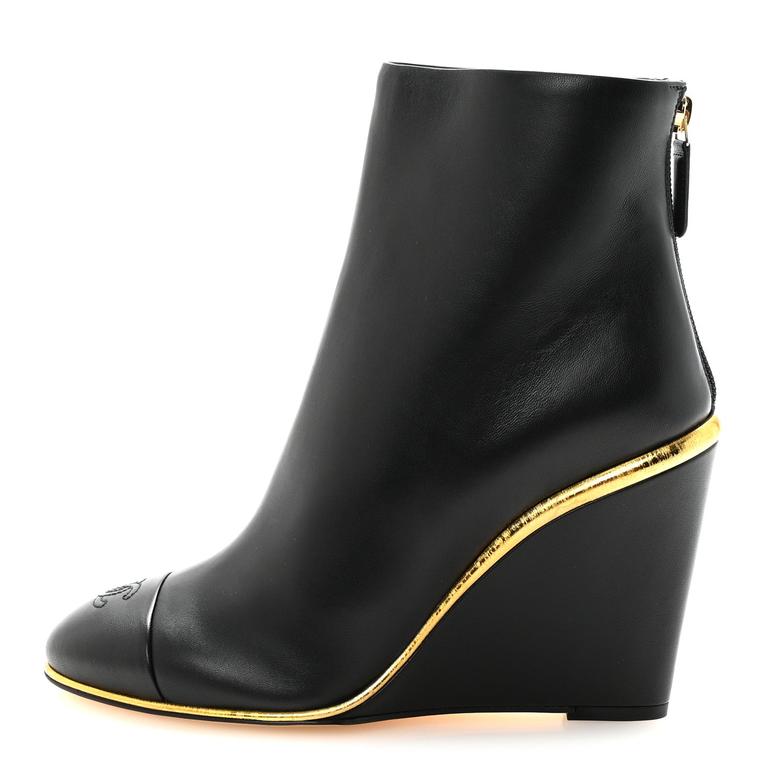 Lambskin Cap Toe Wedge Ankle Boots 38 Black