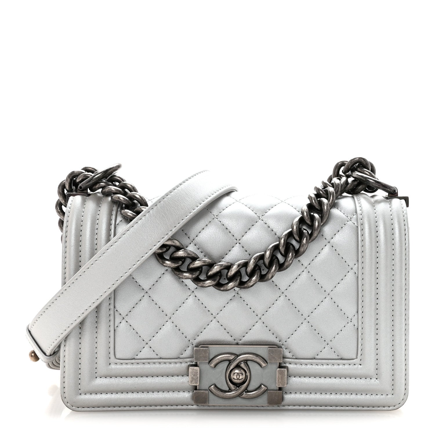 Chanel Metallic Calfskin Quilted Small Boy Flap Silver