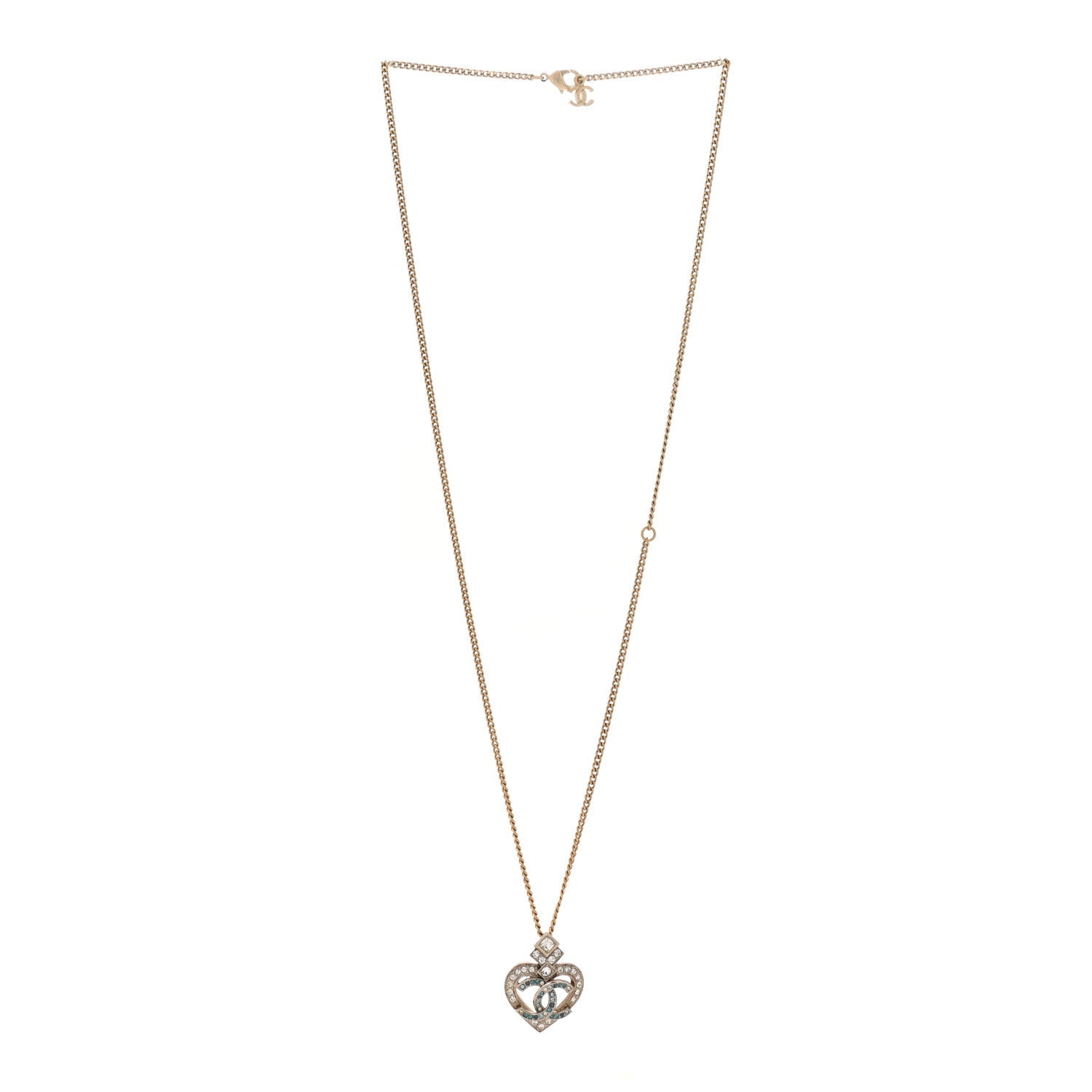Crystal Heart CC Pendant Necklace Gold Silver Blue
